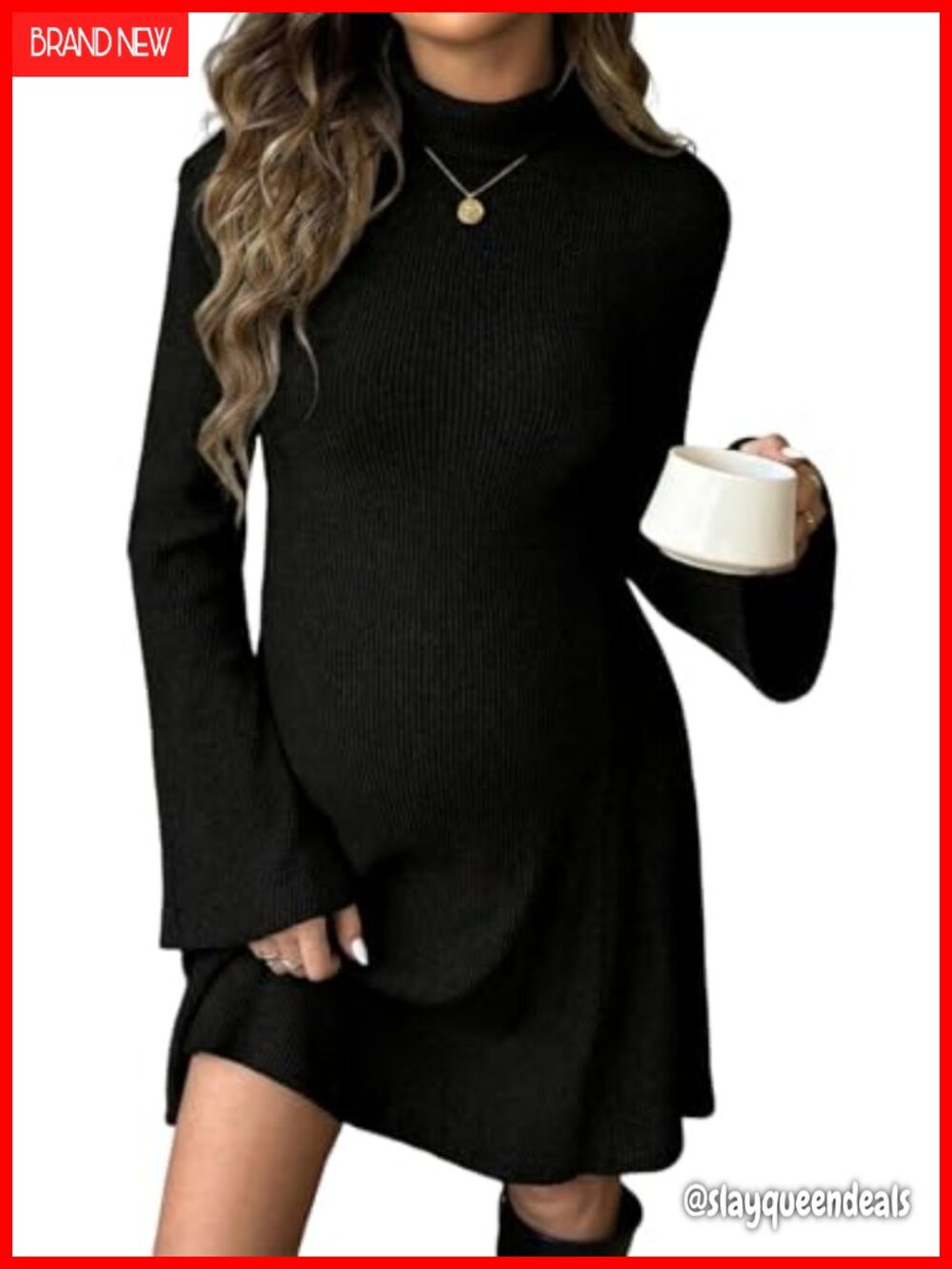 Maternity Midi Dress Rib Knit Mock Neck Bell Sleeve Casual